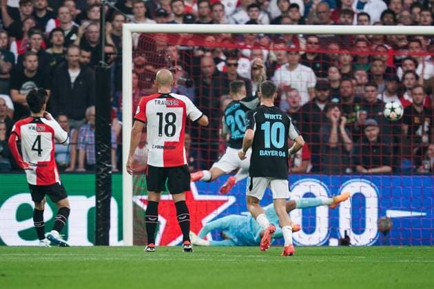 ROTTERDAM, 19-09-2024, Feyenoord - Leverkusen , Stadium Feijenoord de Kuip , football, UEFA Champions League , season 2024 2025 , Bayer Leverkusen player Alejandro Grimaldo scoring the 2-0 Feyenoord - Leverkusen  x26284118x Copyright: