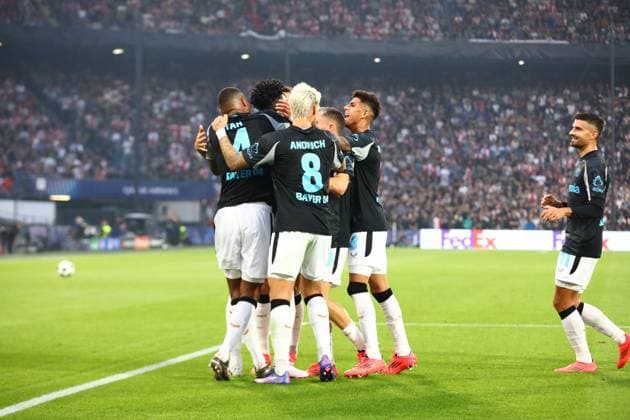 Bayer Leverkusen celebrate the goal to 0 4 by Edmond Tapsoba 12 Bayer 04 Leverkusen Feyenoord Rotterdam vs Bayer 04 Leverkusen, UEFA Champions League, Soccer, Matchday 1, Season 2024 2025, 19 09 2024 Photo kolbert press Ant Palmer Stadion Rotterdam De Kuip Netherlands Copyright: xkolbert-press AntxPalmerx