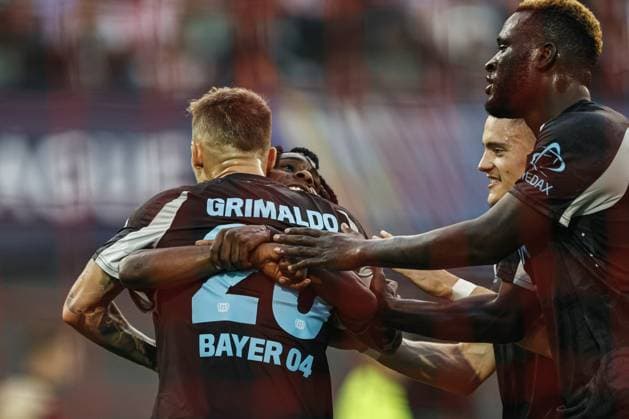 ROTTERDAM - (l-r) Jeremie Frimpong of Bayer 04 Leverkusen , Alejandro Grimaldo of Bayer 04 Leverkusen , Victor Boniface of Bayer 04 Leverkusen , Florian Wirtz of Bayer 04 Leverkusen celebrate the 0-2 during the UEFA Champions League match between Feyenoord Rotterdam and Bayer 04 Leverkusen at Feyenoord Stadion de Kuip on Sept. 19, 2024 in Rotterdam, Netherlands. ANP MAURICE VAN STEEN UEFA Champions League 2024 25 xVIxANPxSportx xxANPxIVx 508865325 originalFilename: 508865325.jpg