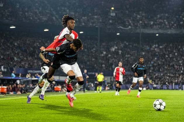 UEFA Champions League: Feyenoord v Bayer 04 Leverkusen Rotterdam - Chris-Kevin Nadje of Feyenoord, Piero Hincapie of Bayer 04 Leverkusen during the first round of new format of the Champions League 2024 2025. The match is set between Feyenoord and Bayer 04 Leverkusen at Stadion Feijenoord De Kuip on 19 September 2024 in Rotterdam, The Netherlands. Copyright: xTomxBodex