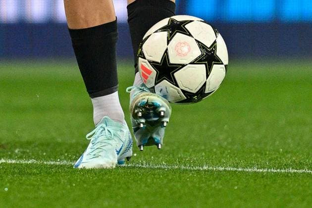 SOCCER - UEFA CL, Brest vs Sturm GUINGAMP,FRANCE,19.SEP.24 - SOCCER - UEFA Champions League, Stade Brestois 29 vs SK Sturm Graz. Image shows a feature with shoes of Dimitri Lavalee (Sturm) and a ball.  GEPAxpictures xAvnixRetkoceri