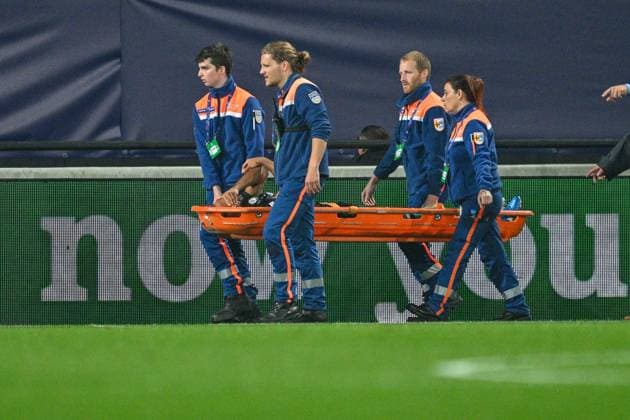 SOCCER - UEFA CL, Brest vs Sturm GUINGAMP,FRANCE,19.SEP.24 - SOCCER - UEFA Champions League, Stade Brestois 29 vs SK Sturm Graz. Image shows the injury of Gregory Wuethrich (Sturm).  GEPAxpictures xAvnixRetkoceri