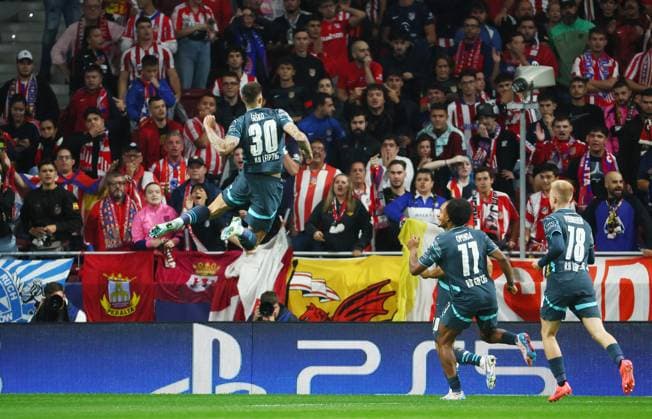 Atletico Madrid RB Leipzig Champions League Madrid, 19 09 2024, Estadio Wanda Metropolitano, Soccer, UEFA Champions League, Matchday 1 , Atletico Madrid vs RB Leipzig , Goal for Leipzig 0 1 In the picture from l Goalscorer Benjamin Sesko 30, RB Leipzig , Lois Openda 11, RB Leipzig and Arthur Vermeeren 18, RB Leipzig , Goal celebration , Only editorial use Photo for editorial use only , UEFA regulations prohibit any use of photographs as image sequences and or quasi video , Picture Point