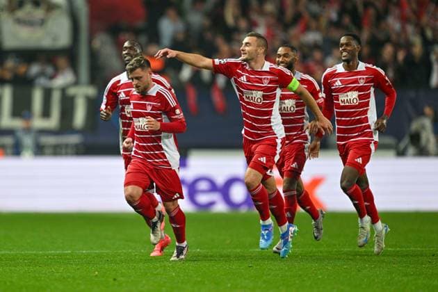 SOCCER - UEFA CL, Brest vs Sturm GUINGAMP,FRANCE,19.SEP.24 - SOCCER - UEFA Champions League, Stade Brestois 29 vs SK Sturm Graz. Image shows the rejoicing of Brest.  GEPAxpictures xAvnixRetkoceri