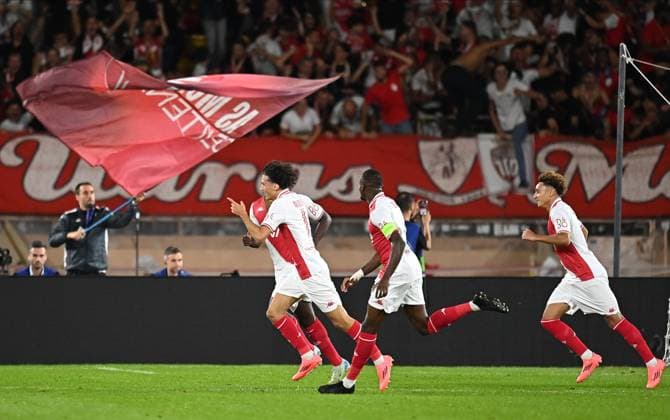 AS Monaco v FC Barcelona, Barca - UEFA Champions League 2024 25 League Phase MD1 Maghnes Akliouche of AS Monaco celebrates 1st goal during the UEFA Champions League 2024 25 League Phase MD1 match between AS Monaco and FC Barcelona at Stade Louis II on September 19, 2024 in Monaco, Monaco. Monaco Stade Louis II Monaco Monaco Copyright: xNealxSimpson Sportsphoto APLx 14048232