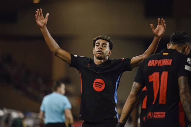 YAMAL Lamine (FC Barcelone) joy after mark a goal. AS Monaco vs FC Barcelone UEFA Champions League in Stade Louis II, MONACO, on September 19, 2024. FOOTBALL: C1 - AS Monaco vs FC Barcelone - UEFA Champions League - 19 09 24 FredDides Panoramic 