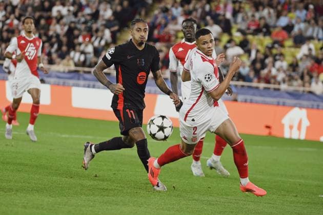 RAPHINHA (FC Barcelone) and VANDERSON (AS Monaco). AS Monaco vs FC Barcelone UEFA Champions League in Stade Louis II, MONACO, on September 19, 2024. FOOTBALL: C1 - AS Monaco vs FC Barcelone - UEFA Champions League - 19 09 24 FredDides Panoramic 