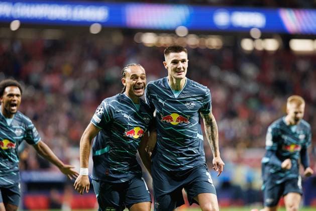Benjamin Sesko seen celebrating after scoring goal during UEFA Champions League game between teams of Atletico de Madrid and Red Bull Leipzig (Maciej Rogowski) Madrid Estadio Civitas Metropolitano Spain Copyright: xMaciejxRogowskix atletilipsk-1