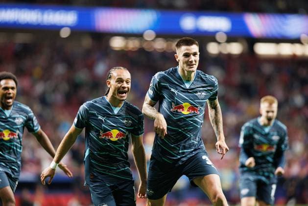 Benjamin Sesko seen celebrating after scoring goal during UEFA Champions League game between teams of Atletico de Madrid and Red Bull Leipzig (Maciej Rogowski) Madrid Estadio Civitas Metropolitano Spain Copyright: xMaciejxRogowskix atletilipsk-2