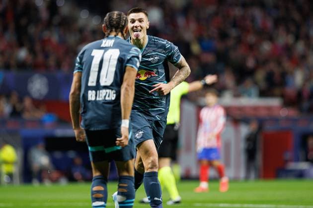 Benjamin Sesko seen celebrating after scoring goal during UEFA Champions League game between teams of Atletico de Madrid and Red Bull Leipzig (Maciej Rogowski) Madrid Estadio Civitas Metropolitano Spain Copyright: xMaciejxRogowskix atletilipsk