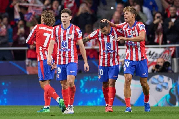 Antoine Griezmann of Atletico de Madrid celebrating his goal with his teammates during the UEFA Champions League match between Atletico de Madrid v RB Leipzig at Stadium Civitas Metropolitano on September 19, 2024 in Madrid (Photo by: LGM) FOOTBALL : Atletico de Madrid vs RB Leipzig - UEFA Ligue des Champions - 19 09 2024 LGM Panoramic 