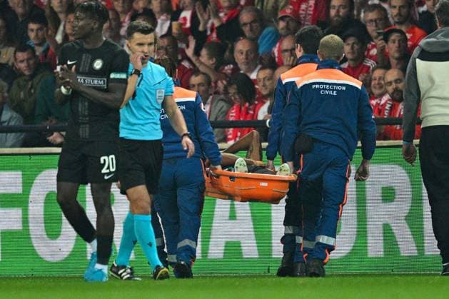 SOCCER - UEFA CL, Brest vs Sturm GUINGAMP,FRANCE,19.SEP.24 - SOCCER - UEFA Champions League, Stade Brestois 29 vs SK Sturm Graz. Image shows the injury of Gregory Wuethrich (Sturm).  GEPAxpictures xAvnixRetkoceri