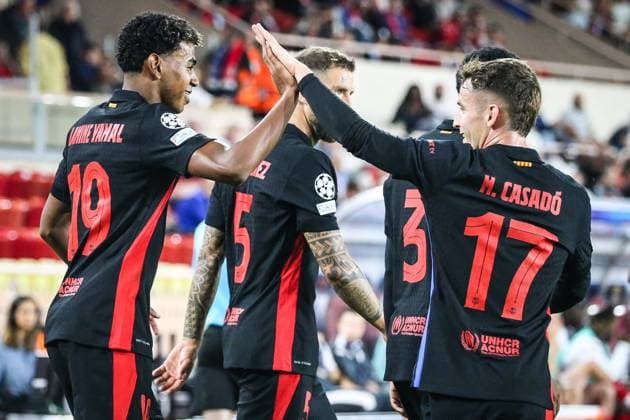 September 19, 2024, Monaco, France, Monaco: Lamine YAMAL of Barcelona celebrate his goal with Marc CASADO of Barcelona during the UEFA Champions League, League Phase MD1 match between AS Monaco and FC Barcelona, Barca at Louis II Stadium on September 19, 2024 in Monaco, Monaco. Monaco Monaco - ZUMAm308 20240919_zsp_m308_005 Copyright: xMatthieuxMirvillex