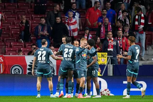 September 19, 2024, Madrid, Madrid, SPAIN: Benjamin Sesko of RB Leipzig celebrates a goal with teammates during the UEFA Champions League 2024 25 League Phase MD1 match between Atletico de Madrid and RB Leipzig at Estadio Civitas Metropolitano on September 19, 2024 in Madrid, Spain. Madrid SPAIN - ZUMAa181 20240919_zaa_a181_025 Copyright: xOscarxJ.xBarrosox