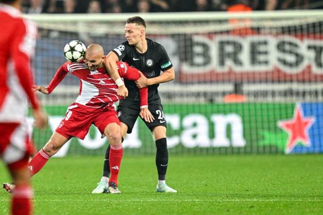 SOCCER - UEFA CL, Brest vs Sturm GUINGAMP,FRANCE,19.SEP.24 - SOCCER - UEFA Champions League, Stade Brestois 29 vs SK Sturm Graz. Image shows Ludovic Ajorque (Brest) and Dimitri Lavalee (Sturm).  GEPAxpictures xAvnixRetkoceri