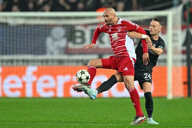 SOCCER - UEFA CL, Brest vs Sturm GUINGAMP,FRANCE,19.SEP.24 - SOCCER - UEFA Champions League, Stade Brestois 29 vs SK Sturm Graz. Image shows Ludovic Ajorque (Brest) and Dimitri Lavalee (Sturm).  GEPAxpictures xAvnixRetkoceri