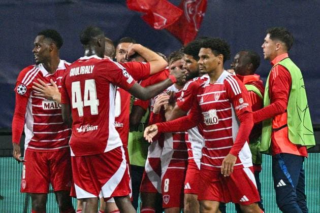 SOCCER - UEFA CL, Brest vs Sturm GUINGAMP,FRANCE,19.SEP.24 - SOCCER - UEFA Champions League, Stade Brestois 29 vs SK Sturm Graz. Image shows the rejoicing of Brest.  GEPAxpictures xAvnixRetkoceri
