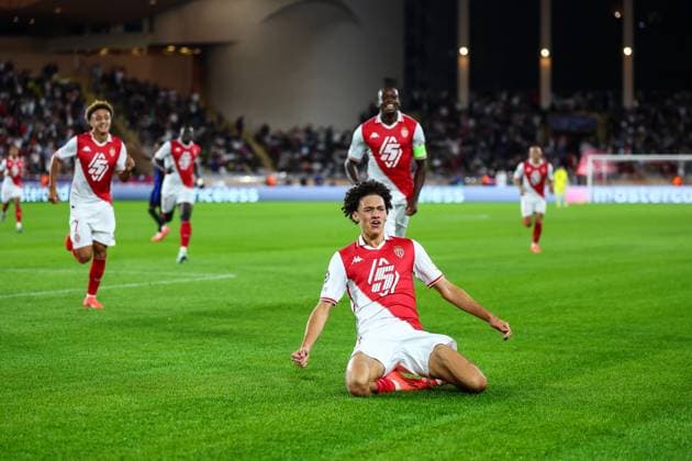 19th September 2024 - UEFA CHAMPIONS LEAGUE - MATCH 1 - SEASON 2024 2025 - AS MONACO vs FC Barcelona, Barca - STADE LOUIS II The celebration of akliouche (maghnes) goal in 1st halftime MONACO MONACO Copyright: xSPORTPIXPRESSx xFREDxPORCUx