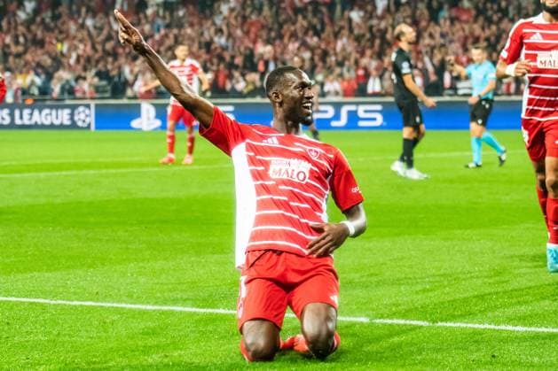 Joie des joueurs du Stade Brestois aprés le but de Abdallah Sima (Stade Bestois) FOOTBALL : Stade Brestois vs SK Sturm Graz - Ligue des Champions - 1ére Journée - 19 09 2024 BaptisteAutissier Panoramic 