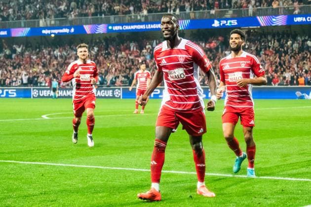 Joie des joueurs du Stade Brestois aprés le but de Abdallah Sima (Stade Bestois) FOOTBALL : Stade Brestois vs SK Sturm Graz - Ligue des Champions - 1ére Journée - 19 09 2024 BaptisteAutissier Panoramic 