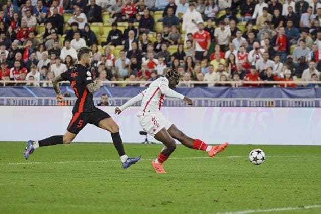 ILENIKHENA George (AS Monaco) mark a goal. AS Monaco vs FC Barcelone UEFA Champions League in Stade Louis II, MONACO, on September 19, 2024. FOOTBALL: C1 - AS Monaco vs FC Barcelone - UEFA Champions League - 19 09 24 FredDides Panoramic 