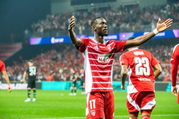 Joie des joueurs du Stade Brestois aprés le but de Abdallah Sima (Stade Bestois) FOOTBALL : Stade Brestois vs SK Sturm Graz - Ligue des Champions - 1ére Journée - 19 09 2024 BaptisteAutissier Panoramic 