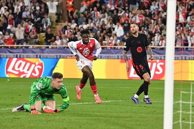 AS Monaco v FC Barcelona, Barca - UEFA Champions League 2024 25 League Phase MD1 George Ilenikhena of AS Monaco celebrates 2nd goal during the UEFA Champions League 2024 25 League Phase MD1 match between AS Monaco and FC Barcelona at Stade Louis II on September 19, 2024 in Monaco, Monaco. Monaco Stade Louis II Monaco Monaco Copyright: xNealxSimpson Sportsphoto APLx 14048263