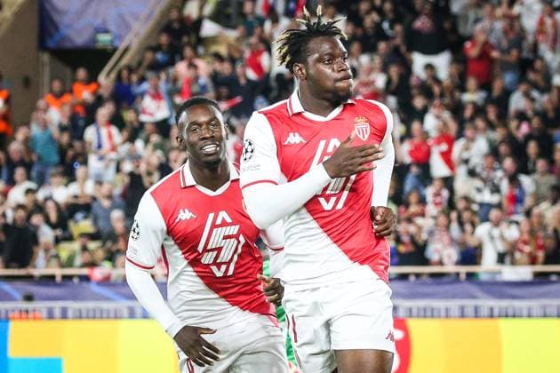 September 19, 2024, Monaco, France, Monaco: George ILENIKHENA of Monaco celebrate his goal with Folarin BALOGUN of Monaco during the UEFA Champions League, League Phase MD1 match between AS Monaco and FC Barcelona, Barca at Louis II Stadium on September 19, 2024 in Monaco, Monaco. Monaco Monaco - ZUMAm308 20240919_zsp_m308_013 Copyright: xMatthieuxMirvillex