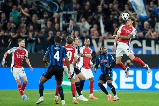 Riccardo Calafiori (Arsenal FC) in action, UEFA Champions League 2024 25 League Phase MD1, Atalanta BC v Arsenal FC, Gewiss Stadium, September 19, 2024, Bergamo, Italy.