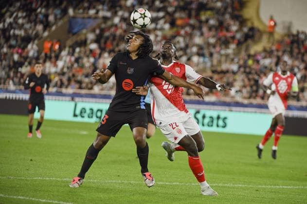 KOUNDE Jules (FC Barcelone) and ABDUL KARIM salisu Mohammed (AS Monaco). AS Monaco vs FC Barcelone UEFA Champions League in Stade Louis II, MONACO, on September 19, 2024. FOOTBALL: C1 - AS Monaco vs FC Barcelone - UEFA Champions League - 19 09 24 FredDides Panoramic 
