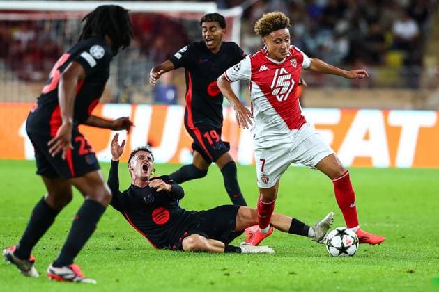 19th September 2024 - UEFA CHAMPIONS LEAGUE - MATCH 1 - SEASON 2024 2025 - AS MONACO vs FC Barcelona, Barca - STADE LOUIS II ben seghir (eliesse) tackles casado (marc) who fallen on the pitch MONACO MONACO Copyright: xSPORTPIXPRESSx xFREDxPORCUx