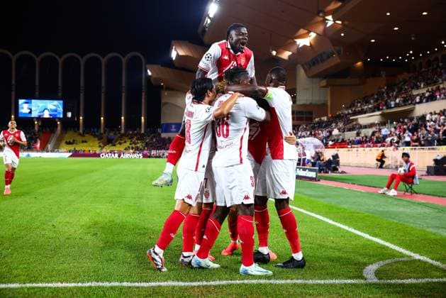 19th September 2024 - UEFA CHAMPIONS LEAGUE - MATCH 1 - SEASON 2024 2025 - AS MONACO vs FC Barcelona, Barca - STADE LOUIS II The happiness of AS Monaco players particularly salisu (mohammed) after akliouche (maghnes) goal in 1st halftime MONACO MONACO Copyright: xSPORTPIXPRESSx xFREDxPORCUx