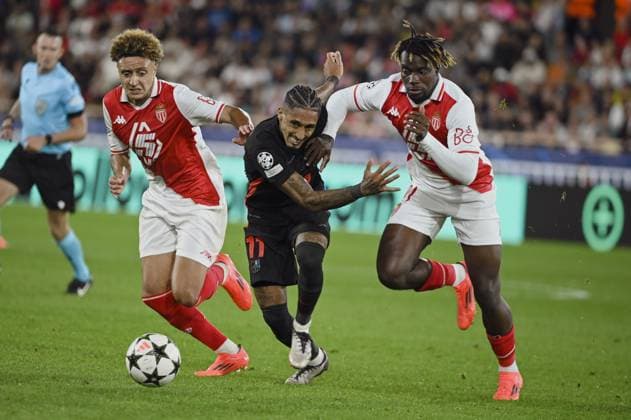 BEN SEGHIR Eliesse (AS Monaco) and RAPHINHA (FC Barcelone) and ILENIKHENA George (AS Monaco). AS Monaco vs FC Barcelone UEFA Champions League in Stade Louis II, MONACO, on September 19, 2024. FOOTBALL: C1 - AS Monaco vs FC Barcelone - UEFA Champions League - 19 09 24 FredDides Panoramic 