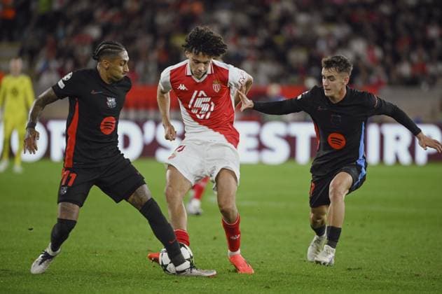 AKLIOUCHE Maghnes (AS Monaco) and RAPHINHA (FC Barcelone) and TORRES Ferran (FC Barcelone). AS Monaco vs FC Barcelone UEFA Champions League in Stade Louis II, MONACO, on September 19, 2024. FOOTBALL: C1 - AS Monaco vs FC Barcelone - UEFA Champions League - 19 09 24 FredDides Panoramic 