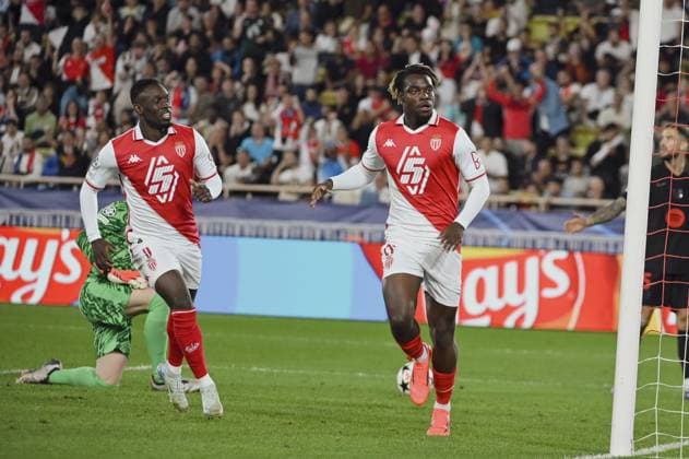 ILENIKHENA George (AS Monaco) joy after his goal. AS Monaco vs FC Barcelone UEFA Champions League in Stade Louis II, MONACO, on September 19, 2024. FOOTBALL: C1 - AS Monaco vs FC Barcelone - UEFA Champions League - 19 09 24 FredDides Panoramic 