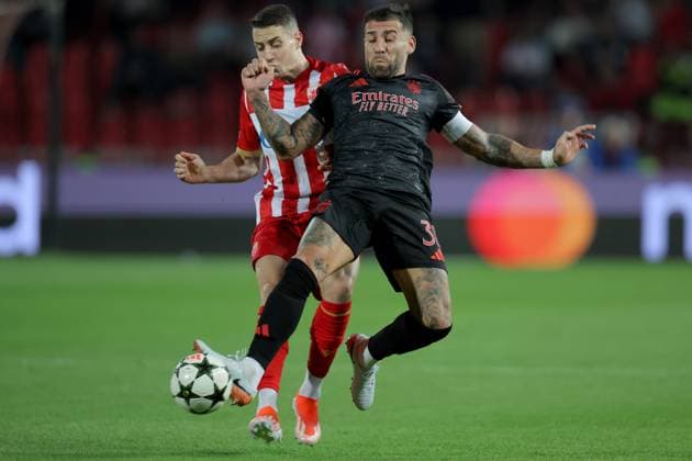 (240920) -- BELGRADE, Sept. 20, 2024 -- Benfica s Nicolas Otamendi (R) vies with Crvena Zvezda s Bruno Duarte during the UEFA Champions League match between Crvena Zvezda and Benfica in Belgrade, Serbia on Sept. 19, 2024. (Photo by Xinhua) (SP)SERBIA-BELGRADE-FOOTBALL-UEFA CHAMPIONS LEAGUE-CRVENA ZVEZDA VS BENFICA PredragxMilosavljevic 