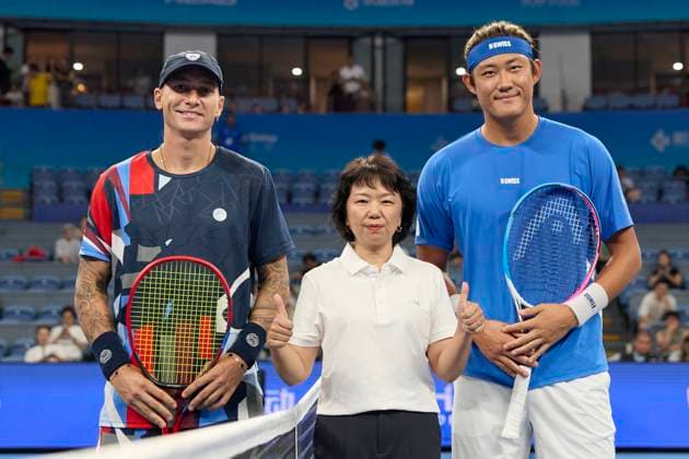 HANGZHOU, CHINA - SEPTEMBER 19: Zhang Zhizhen (R) of China and Denis Yevseyev (L) of Kazakhstan pose for a photo during the Men s Single Round of 32 match on day 2 of 2024 Hangzhou Open at the Hangzhou Olympic Sports Expo Center on September 19, 2024 in Hangzhou, Zhejiang Province of China.  Copyright: xVCGx 111518931911