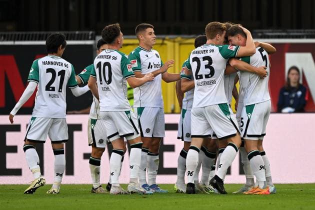 Paderborn, Home Deluxe Arena, 20 09 24, GER, Herren, 2 Bundesliga, Saison 2024 2025, SC Paderborn 07 Hannover 96 Bild BartÅomiej WDOWIK Hannover jubilates after his goal for 1 1 Only for editorial use DFL regulations prohibit any use of photographs as image sequences and or quasi video NRW Germany