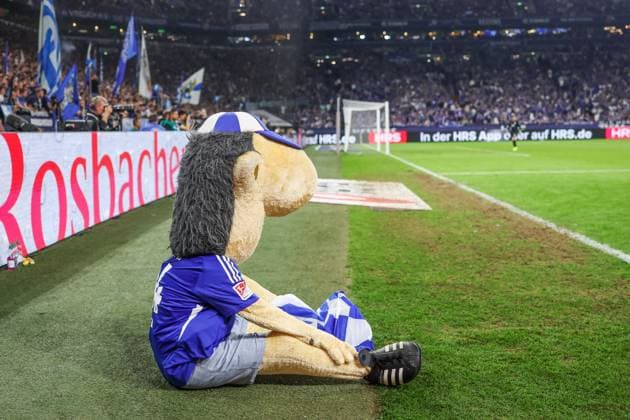 20 09 2024, Football, Season 2024 2025, 2 Bundesliga, Matchday 5, FC Schalke 04 SV Darmstadt 98, Mascot Erwin sits disappointed on the floor Gelsenkirchen Veltins Arena NRW Germany xRHR PHOTO TRx Copyright: TimxRehbein RHR-FOTOx RHR-FOTO TR