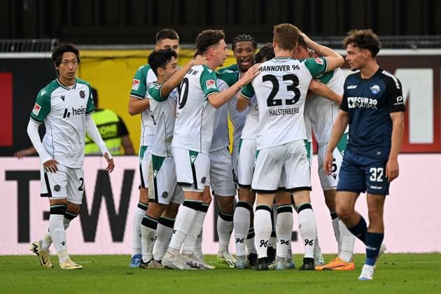 Paderborn, Home Deluxe Arena, 20 09 24, GER, Herren, 2 Bundesliga, Saison 2024 2025, SC Paderborn 07 Hannover 96 Bild BartÅomiej WDOWIK Hannover jubilates after his goal for 1 1 Only for editorial use DFL regulations prohibit any use of photographs as image sequences and or quasi video NRW Germany