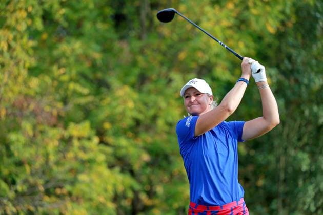 CINCINNATI, OH - SEPTEMBER 20: LPGA, Golf Damen golfer Anna Nordqvist plays her tee shot on the 8th hole during the second round of the Kroger Queen City Championship presented by P&G on September 20, 2024, at TPC River™s Bend in Cincinnati, Ohio. (Photo by Brian Spurlock Icon Sportswire) GOLF: SEP 20 LPGA Kroger Queen City Championship pres by P&G EDITORIAL USE ONLY Icon24092047