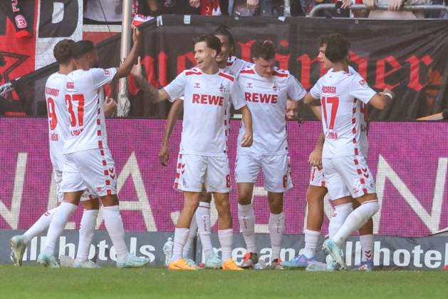 GER, 2 FBL Fortuna Duesseldorf vs 1 FC Koeln 21 09 2024, Merkur Spiel Arena, Duesseldorf, GER, 2 FBL Fortuna Duesseldorf vs 1 FC Koeln, in picture goal celebration jubilation, Eric Martel FC Koeln 6 , center nordphotoxGmbHx xMeuter nph00351