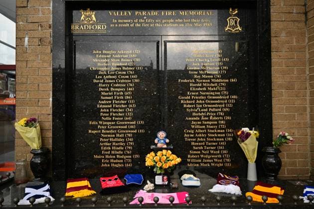 The Bradford City Fire Memorial outside Valley Parade in memory of the 56 people who lost their lives Bradford City v AFC Wimbledon, EFL Sky Bet League Two, Football, University of Bradford Stadium, Bradford, UK, 21 Sep 2024 EDITORIAL USE ONLY No use with unauthorised audio, video, data, fixture lists, club league logos or live services. Online in-match use limited to 120 images, no video emulation. No use in betting, games or single club league player publications. Copyright: xGreigxCowie Shutterstockx 14730435c
