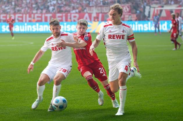 GER, 2 FBL Fortuna Duesseldorf vs 1 FC Koeln 21 09 2024, Merkur Spiel Arena, Duesseldorf, GER, 2 FBL Fortuna Duesseldorf vs 1 FC Koeln, in the picture Jan Thielmann FC Koeln 29 , Tim Rossmann Fortuna Duesseldorf 21 , Timo Hübers Huebers FC Koeln 4 , nordphotoxGmbHx xMeuter nph00351