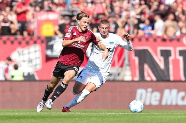 21 09 2024 Soccer Season 2024 2025 2 Soccer Bundesliga 06 Matchday 1 FC Nürnberg FCN Club Hertha BSC Berlin HBSC Sportfoto Zink DaMa xdaxmax DFL regulations prohibit any use of photographs as image sequences and or quasi video only for editorial use Caspar Jander 20, 1 FC Nürnberg FCN Michael Cuisance 27, Hertha BSC Berlin