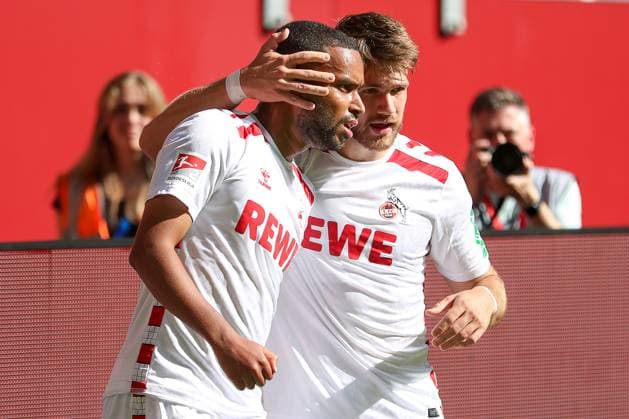 21 09 2024, 2 Fußball Bundesliga, Fortuna Düsseldorf 1 FC Köln, Merkur Spiel Arena, Saison 2024 2025 Torjubel nach dem 2 1 durch Linton Maina 1 FC Köln 37 zusammen mit Jan Thielmann 1 FC Köln 29 DFB regulations prohibit any use of photographs as image sequences and or quasi video Nordrhein Westfalen Germany
