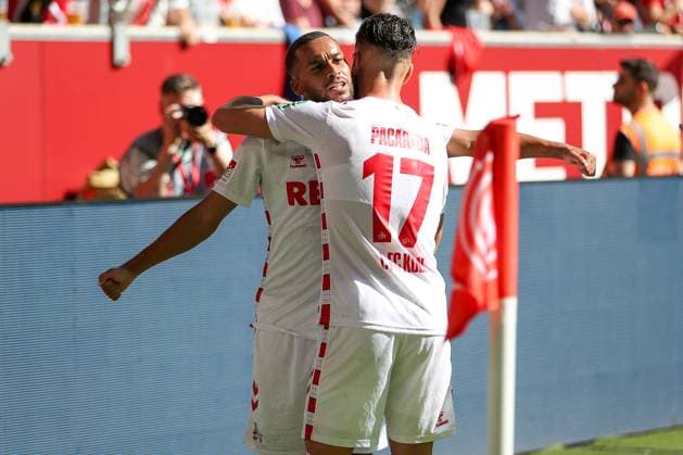 21 09 2024, 2 Fußball Bundesliga, Fortuna Düsseldorf 1 FC Köln, Merkur Spiel Arena, Saison 2024 2025 Torjubel nach dem 2 1 durch Linton Maina 1 FC Köln 37 zusammen mit Leart Pacarada 1 FC Köln 17 DFB regulations prohibit any use of photographs as image sequences and or quasi video Nordrhein Westfalen Germany