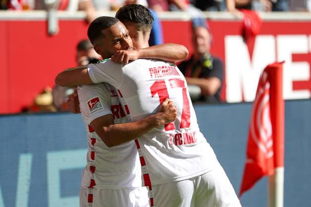 21 09 2024, 2 Fußball Bundesliga, Fortuna Düsseldorf 1 FC Köln, Merkur Spiel Arena, Saison 2024 2025 Torjubel nach dem 2 1 durch Linton Maina 1 FC Köln 37 zusammen mit Leart Pacarada 1 FC Köln 17 DFB regulations prohibit any use of photographs as image sequences and or quasi video Nordrhein Westfalen Germany