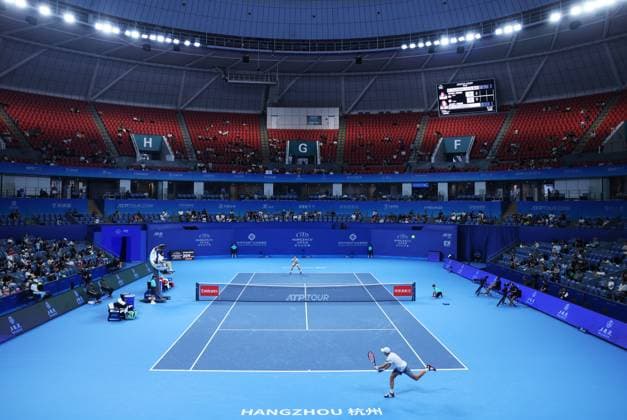HANGZHOU, CHINA - SEPTEMBER 21: Mitchell Krueger of United States competes in the Men s Singles Round of 16 match against Roberto Carballes Baena of Spain on day 4 of 2024 Hangzhou Open at the Hangzhou Olympic Sports Expo Center on September 21, 2024 in Hangzhou, Zhejiang Province of China.  Copyright: xVCGx 111519298376