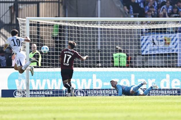 Scene in front of the Nuremberg goal in the first round match of the 2024 2025 season between 1 FC Nuremberg and Hertha BSC in Nuremberg 21 09 2024